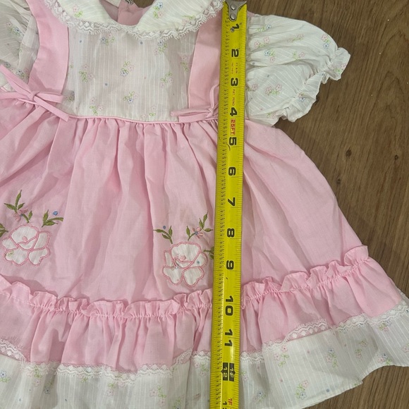 VTG 80s Cradle Togs FLORAL EYELET PRARIE BIB DRESS 12m 26-31lbs Made In USA Pink - Picture 7 of 8